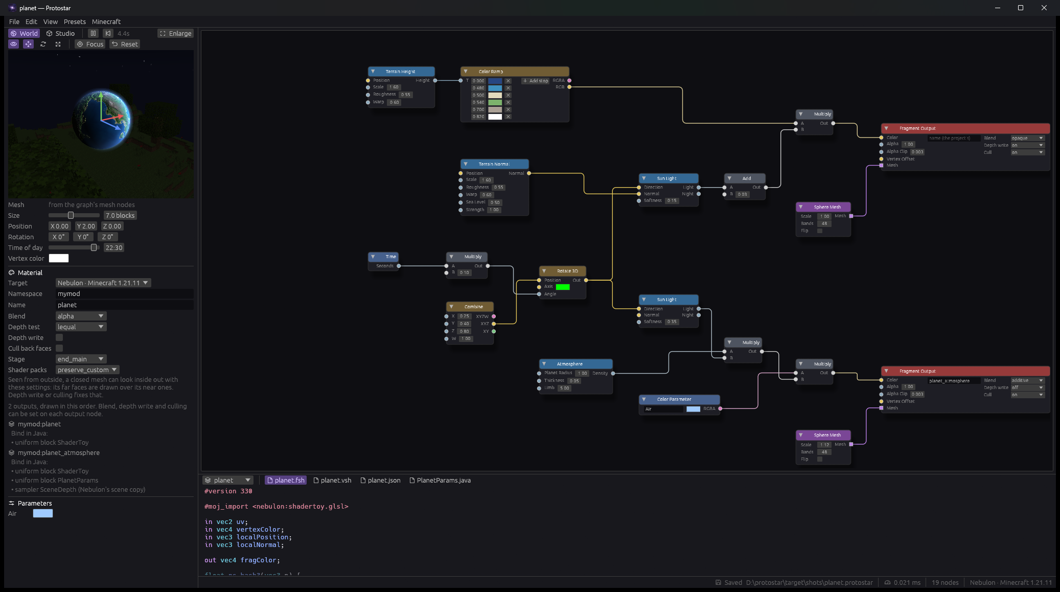 Protostar editor: node graph for a planet, live preview and generated GLSL