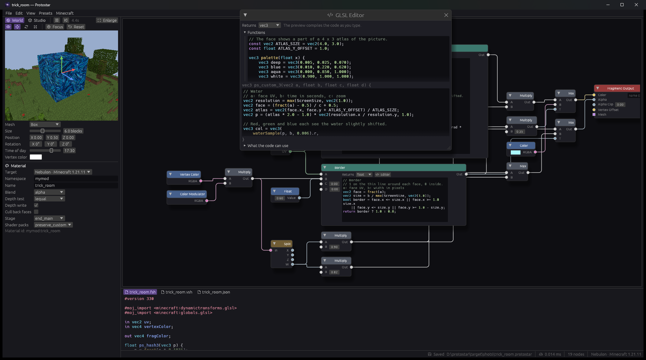 GLSL editor window floating over the graph